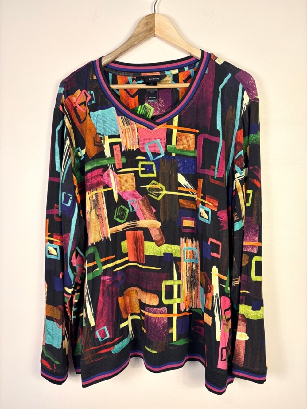 Ali Miles Multicolor Abstract V-Neck Long Sleeve Tunic Top Stretch 80s
